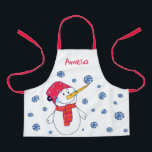 Cute Snowman Snowflakes Drawing Christmas Apron<br><div class="desc">Cute Snowman with Snowflake Drawing Christmas Kids Apron. Drawing of a cute snowman with a snowflake on his nose. The kids will love to help you making Christmas cookies with this cute apron. Add your name.</div>