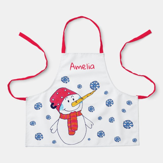 Cute Snowman Snowflakes Drawing Christmas Apron (Front)