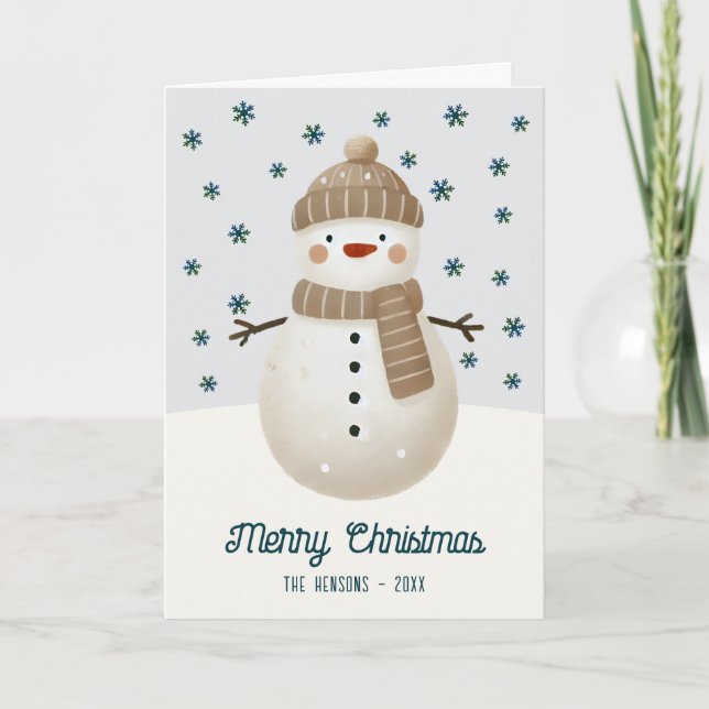 Cute Snowman Snowflakes Drawing Christmas Holiday Card (Front)