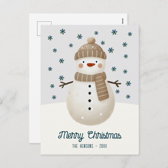 Cute Snowman Snowflakes Drawing Christmas Holiday Postcard (Front/Back)
