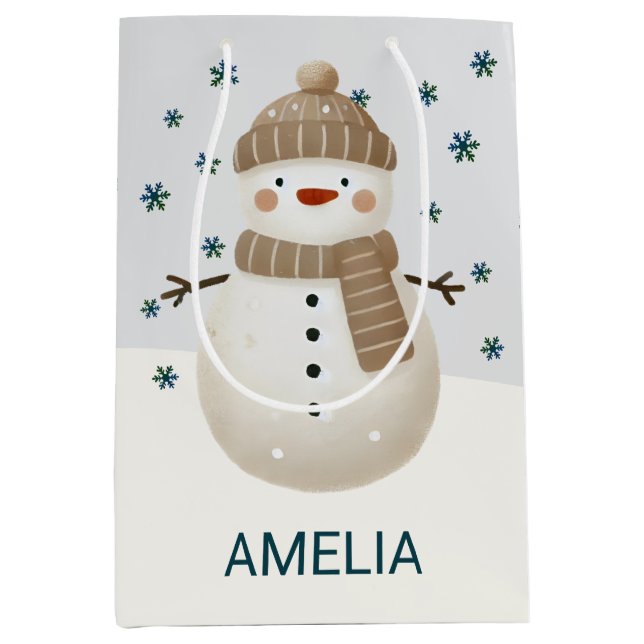 Cute Snowman Snowflakes Drawing Christmas Name Medium Gift Bag (Front)
