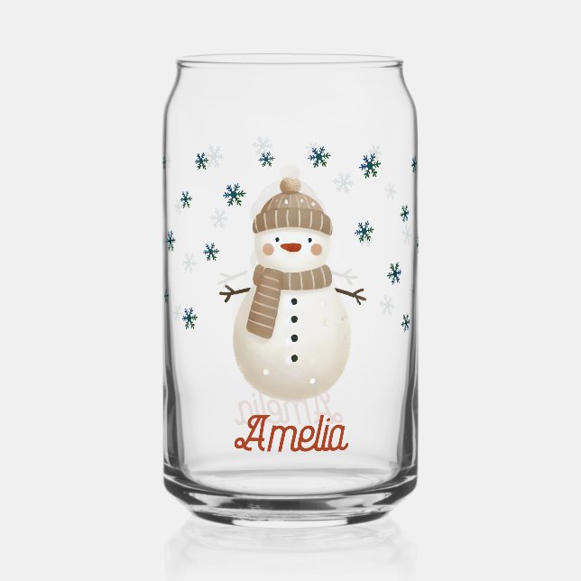 Cute Snowman Snowflakes Drawing Name Christmas Can Glass (Front)