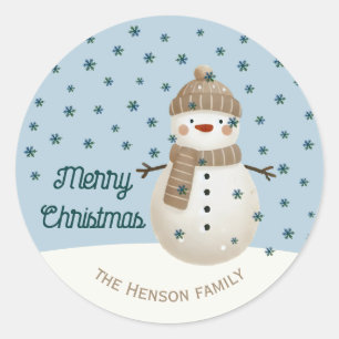 Cute Snowman Snowflakes Drawing Name Christmas Classic Round Sticker
