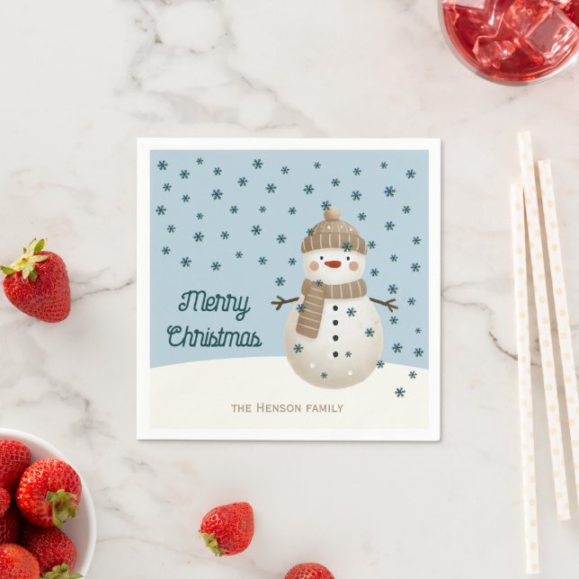 Cute Snowman Snowflakes Drawing Name Christmas Napkin (Insitu)