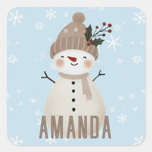 Cute Snowman Snowflakes Kids Christmas Square Sticker