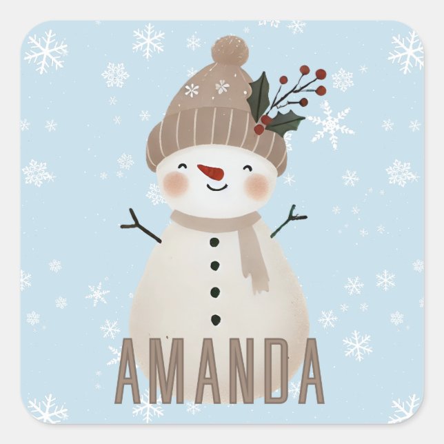 Cute Snowman Snowflakes Kids Christmas Square Sticker (Front)