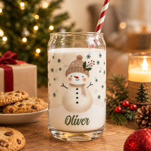 Cute Snowman Snowflakes Kids Name Can Glass