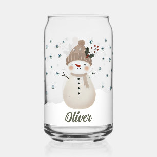 Cute Snowman Snowflakes Kids Name Can Glass