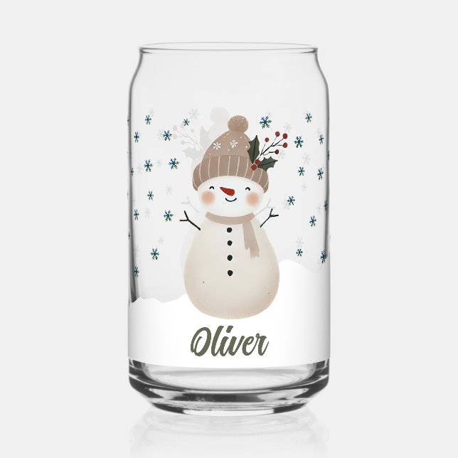 Cute Snowman Snowflakes Kids Name Can Glass (Front)