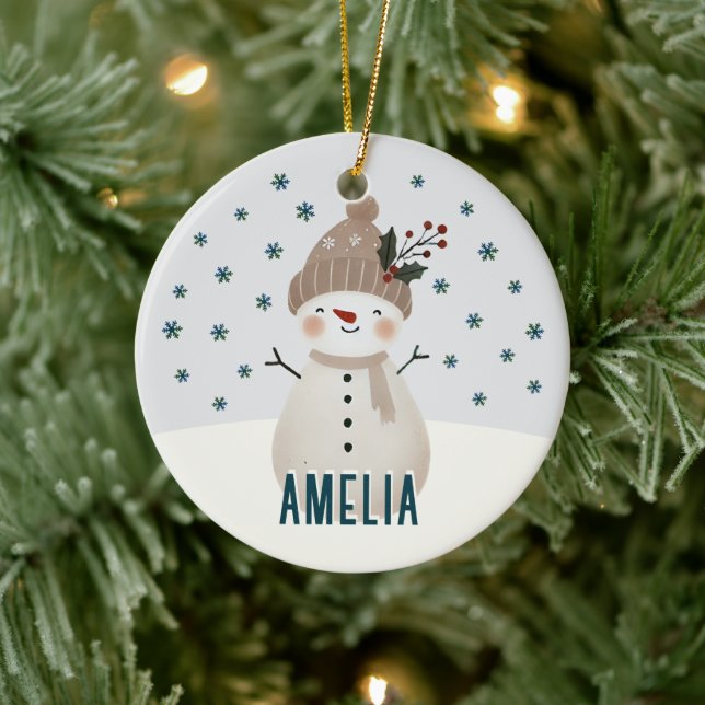 Cute Snowman Snowflakes Kids Name Christmas Ceramic Tree Decoration (Tree)