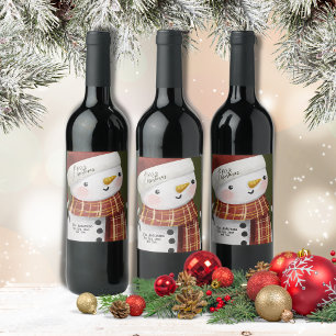 Cute Snowman Snowflakes Merry Christmas Wine Label