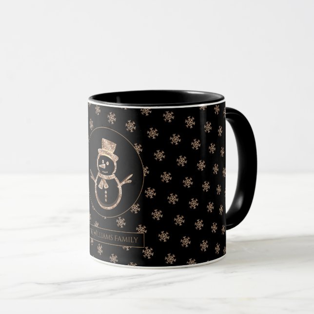 Cute Snowman Snowflakes Pattern Black and Gold Mug (Front Right)