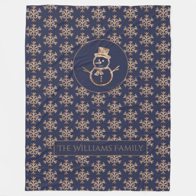 Cute Snowman Snowflakes Pattern Blue Gold Winter Fleece Blanket (Front)
