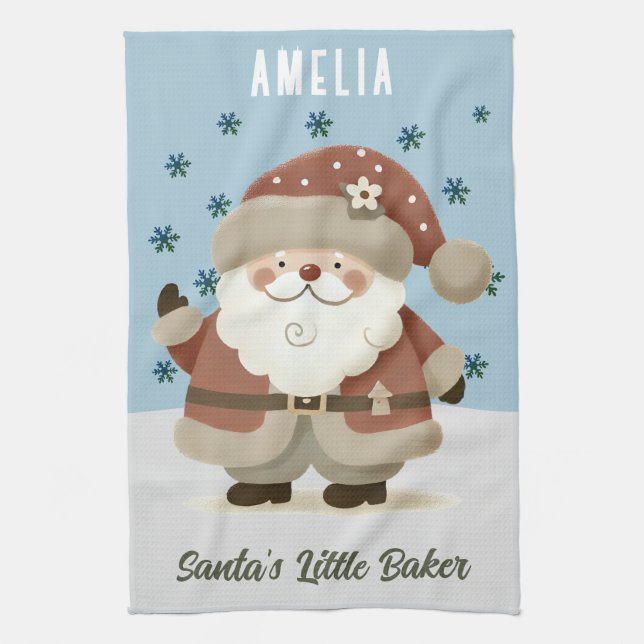 Cute Snowman Snowflakes Santa's Little Baker Kid Tea Towel (Vertical)