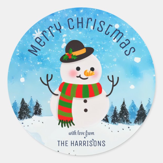 Cute Snowman Snowy Winter Christmas Classic Round Sticker (Front)