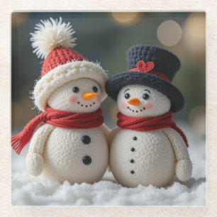 cute snowman together glass coaster