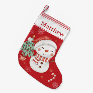 Cute Snowman Tree Candy Cane Red Gingham Small Christmas Stocking