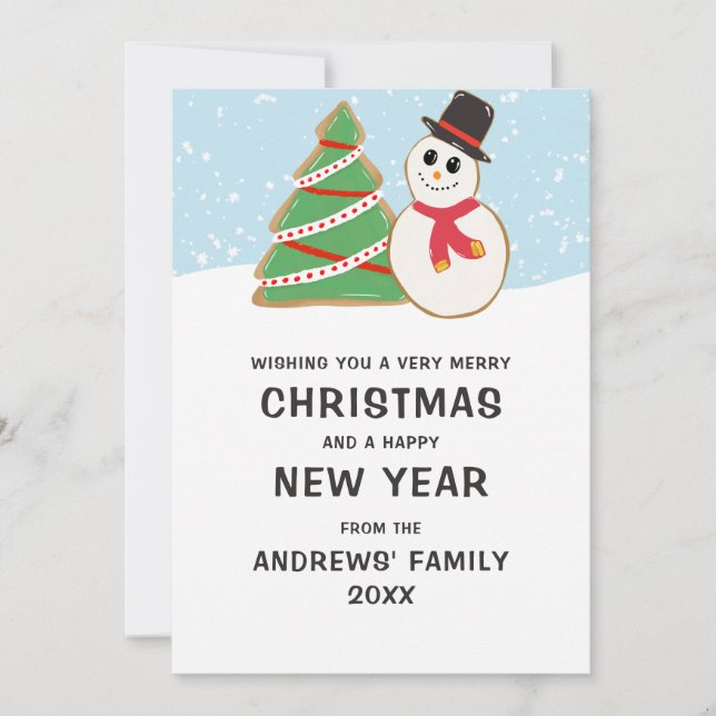 Cute Snowman Tree Cookie Illustration Christmas Holiday Card (Front)