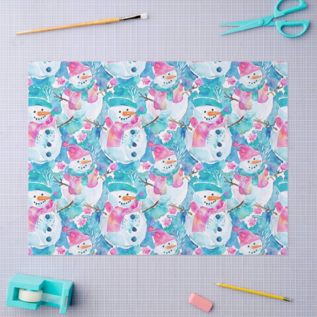 Cute snowman turquoise watercolor pattern tissue paper (Craft)