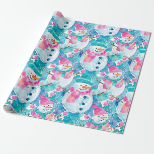 Cute snowman turquoise watercolor pattern wrapping paper
