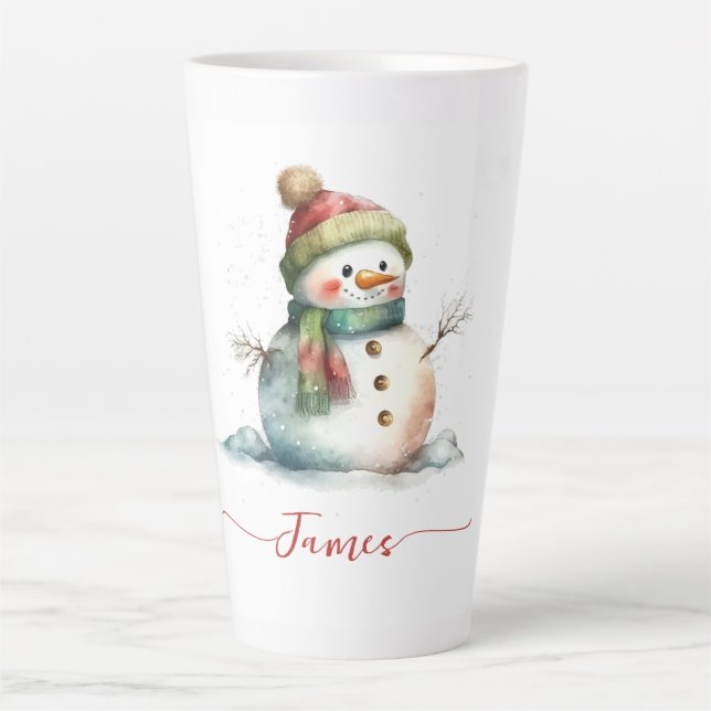 Cute Snowman Watercolor Personalised Christmas Latte Mug (Front)