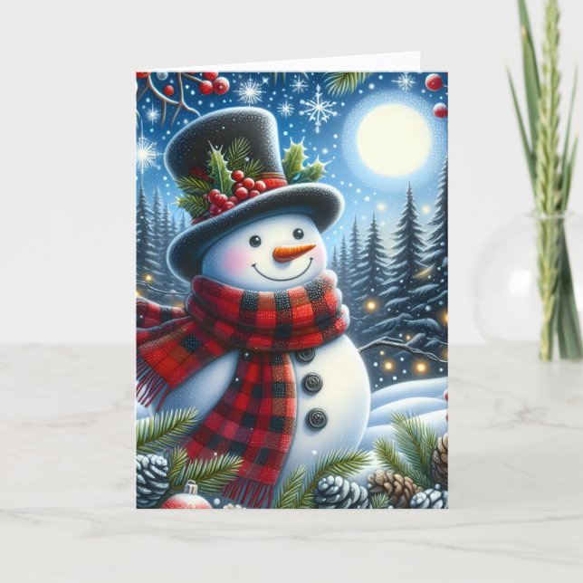 Cute Snowman wearing Plaid Scarf and Top Hat Holiday Card (Front)