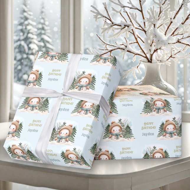 Cute Snowman Winter 1st Birthday Boy Name Blue  Wrapping Paper (Cute Snowman Winter 1st Birthday Boy Name Blue Wrapping Paper)