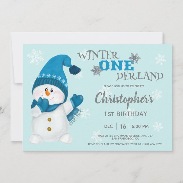 Cute Snowman Winter Onederland 1st Birthday Party Invitation (Front)
