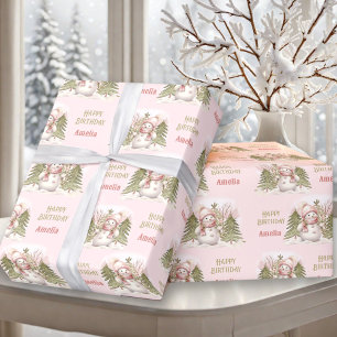 Cute Snowman Winter Vintage Pink Girl Name Text Wrapping Paper