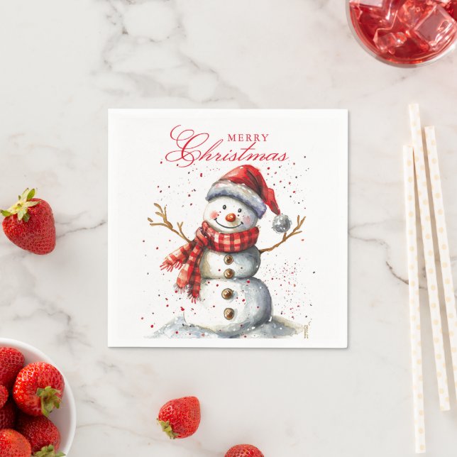 Cute Snowman Winter Watercolor Merry Christmas Napkin (Insitu)