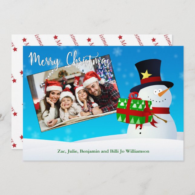 Cute Snowman With a Gift and Your Photo (Front/Back)