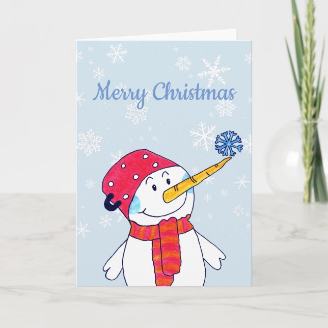 Cute Snowman with a Snowflake Blue Kids Christmas Holiday Card (Front)