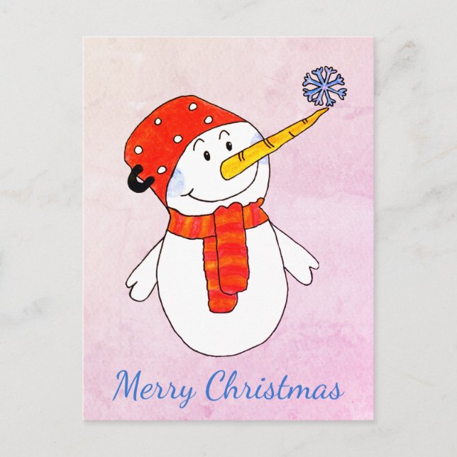 Cute Snowman with a Snowflake Pink Merry Christmas Holiday Postcard (Front)
