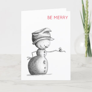 Cute Snowman with Bird Illustration Be Merry Holiday Card