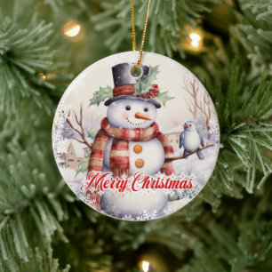 Cute snowman with bird in the snow ceramic tree decoration