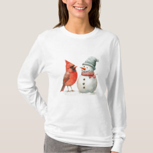 Cute Snowman with Bird Winter Christmas Scene T-Shirt