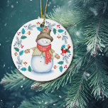 Cute Snowman with Bird Wreath Christmas Ceramic Tree Decoration<br><div class="desc">The front of this cute Holiday ornament has a happy snowman all dressed up in his top hat, winter scarf, jacket, and mittens. With a big smile on his face, he is looking at a little red cardinal bird which is perched in a blue leaf and red berry wreath. The...</div>