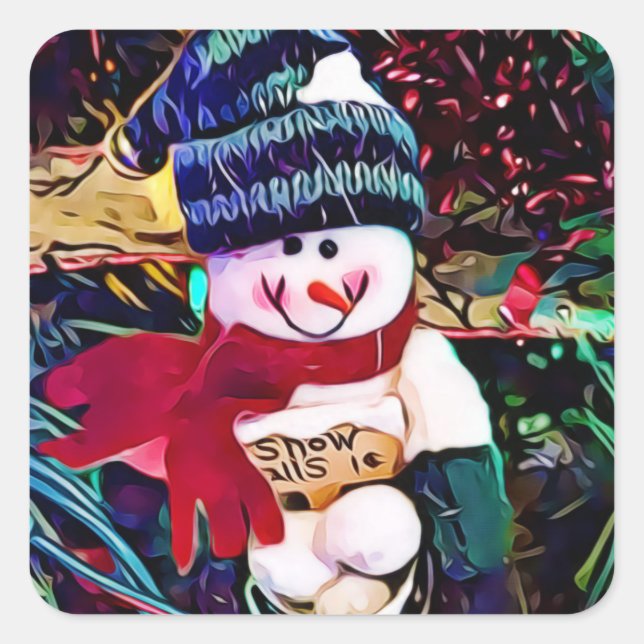 Cute Snowman with Bucket of Snowballs Christmas Square Sticker (Front)