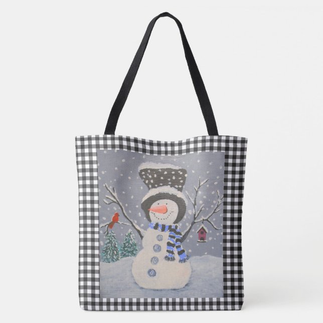 Cute Snowman With Cardinal On Black Buffalo Plaid Tote Bag (Back)