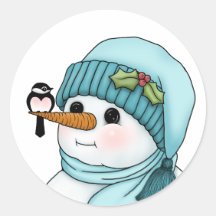 Cute Snowman with Chickadee on his Carrot Nose