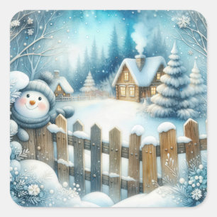 Cute Snowman With Christmas Cottage Square Sticker
