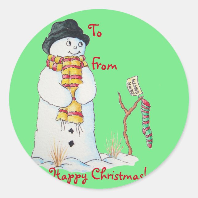 Cute snowman with Christmas stocking in the snow Classic Round Sticker (Front)