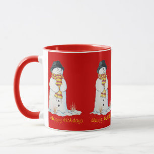 Cute snowman with Christmas stocking in the snow Mug
