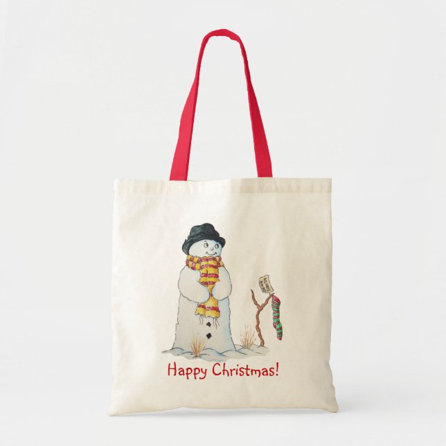 Cute snowman with Christmas stocking in the snow Tote Bag (Front)