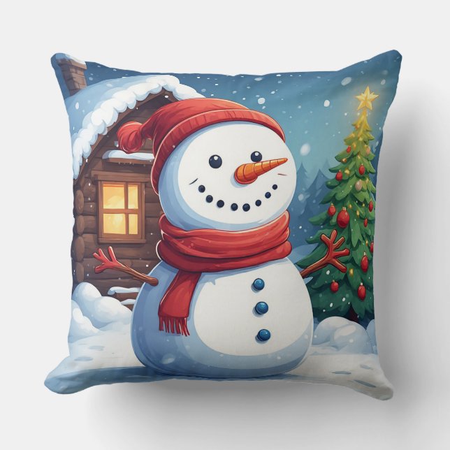 Cute snowman with Christmas tree Cushion (Front)