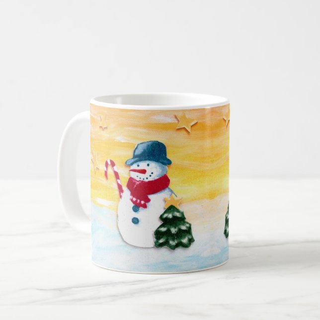 Cute Snowman with Christmas Tree Stars Kids  Coffee Mug (Front Left)