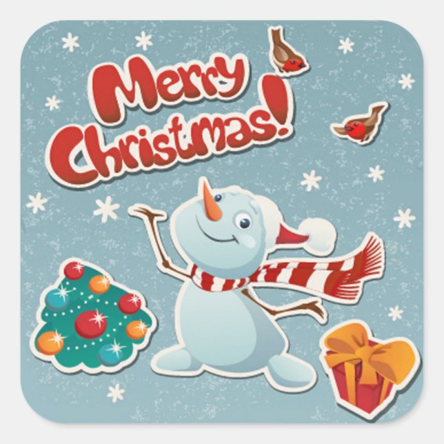 Cute Snowman with Gifts, Christmas Tree & Birds Square Sticker (Front)