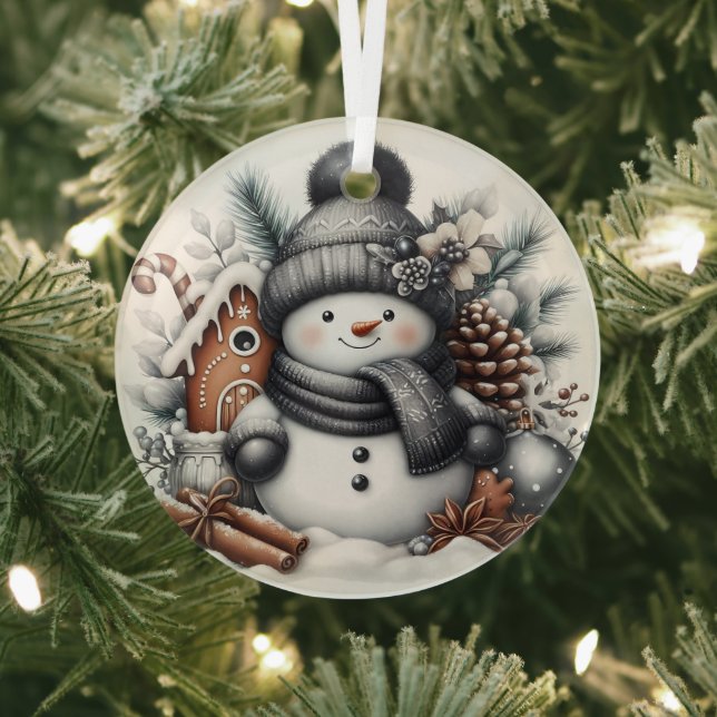 Cute snowman with gingerbread house glass tree decoration (Insitu)