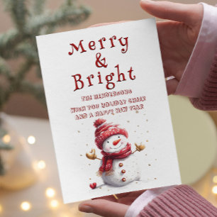 Cute Snowman with Hugging Hands Merry and Bright Holiday Card