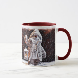 Cute snowman with lantern in the snowfall mug